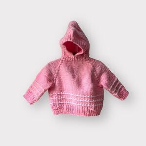Handknit baby girl sweater hoodie pink white 3-6M